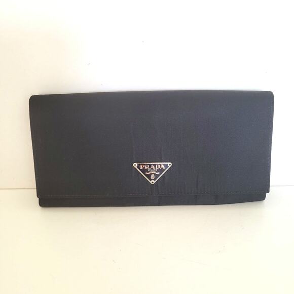 PRADA Vintage Tessuto Nero Black Nylon Leather Logo Plate Wallet Large Envelope